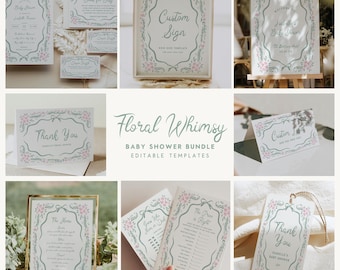 Toile Baby Shower Bundle Invitation Template Editable Invitation Inserts Hand Drawn Chinoiserie Florals Pink and Green Printable, 0112