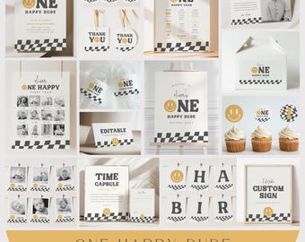 One Happy Dude Bundle Smile Face Birthday Party Pack Retro Boy First Birthday Invitation Editable Template Digital Download Printable, 0021