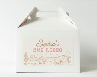 Rodeo Gable Box-etikett, västerländsk födelsedagspresentask, etikett, Vilda västern, retro västerländsk cowgirl, redigerbar godisask, mall för utskrivbar nedladdning, 0065