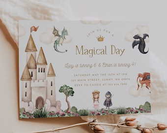 Princess and Dragons Birthday Invitation Magical Castle Birthday Invite Boy Girl Joint Birthday Party Editable Template Printable, 0066