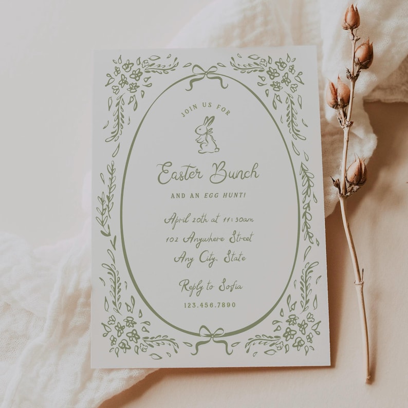 May include: A green and white illustrated invitation for an Easter Bunch and egg hunt. The invitation features a bunny rabbit, floral details, and the text "JOIN US FOR Easter Bunch AND AN EGG HUNT! April 20th at 11:00am 102 Anywhere Street Any City, State Reply to Sofia 123.456.7890"