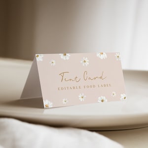 Modelo de etiqueta para cartão de comida com margaridas, etiqueta para cartão de tenda de flores retrô, etiqueta para primeiro aniversário, Onederful Daisy, moderna, Boho, etiqueta para aniversário com flores, 0019