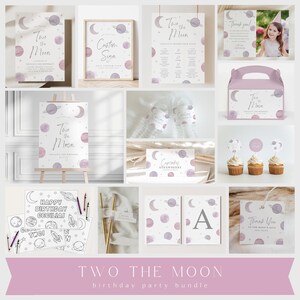 May include: A Two the Moon birthday party bundle featuring stationery, signage, favor boxes, cupcake toppers, and coloring sheets. The items display purple planets, moons, and stars with the text Two the Moon, Thank You, and Happy Birthday Cecilia.