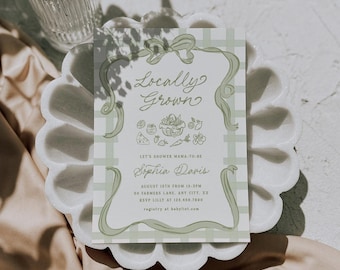 Plantilla de invitación para baby shower con productos de cultivo local. Invitación editable para mercado de agricultores. Invitación imprimible para baby shower con productos de cultivo local. 0110