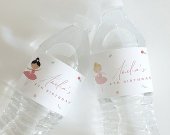 Etiqueta para botella de agua con diseño de bailarina, suministros para fiesta de bailarina rosa, etiqueta imprimible para botella, etiqueta editable para botella de agua, impresión en casa, 0011