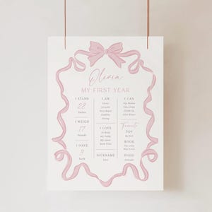 May include: A white milestone poster titled Olivia My First Year, framed by a pink ribbon illustration. It lists developmental details including 28 inches, 17 pounds, 3 teeth, and categories like I Am, I Love, and Favorite Toy with handwritten-style text.