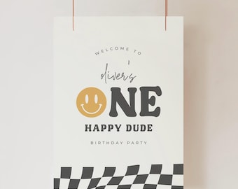 One Happy Dude Welcome Sign Smile Face Birthday Sign Retro Birthday Party Welcome Poster Editable Template Digital Download Printable, 0021