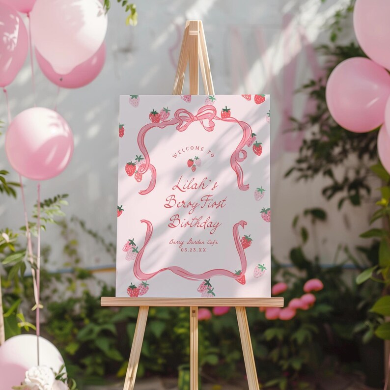 Berry Birthday Welcome Sign Template Printable Berry First Birthday Sign Whimsical Strawberry Birthday Poster Berry Sign Board Party, 0087 image 3