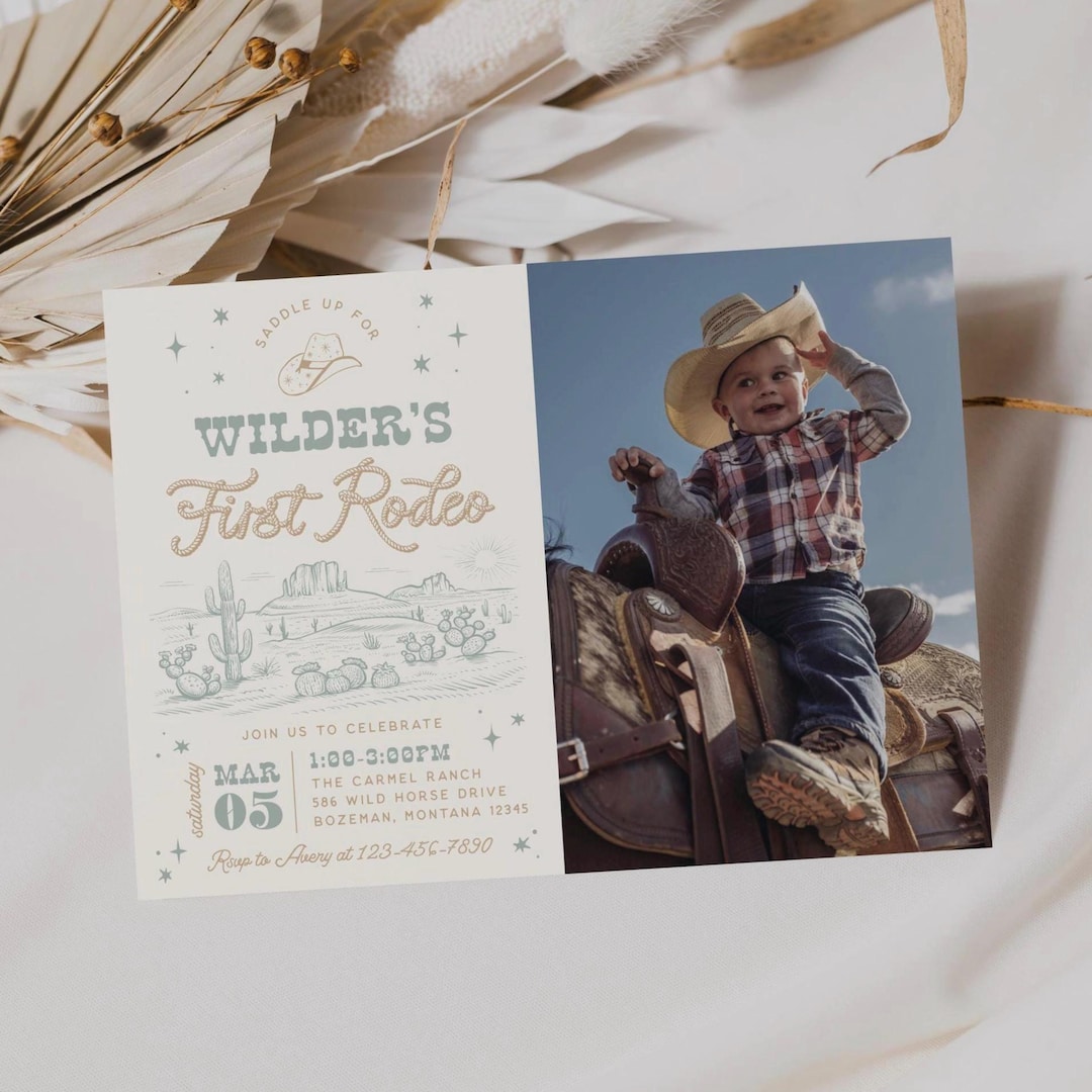 First Rodeo Invitation Cowboy Birthday Photo Invite Boy Wild West 1st ...