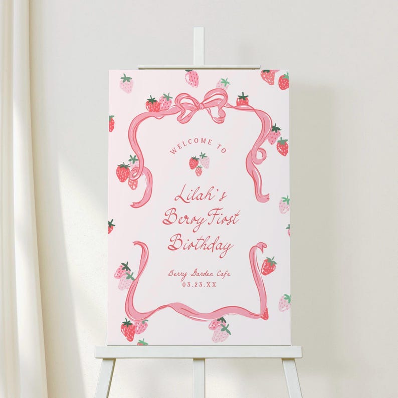Berry Birthday Welcome Sign Template Printable Berry First Birthday Sign Whimsical Strawberry Birthday Poster Berry Sign Board Party, 0087 image 4