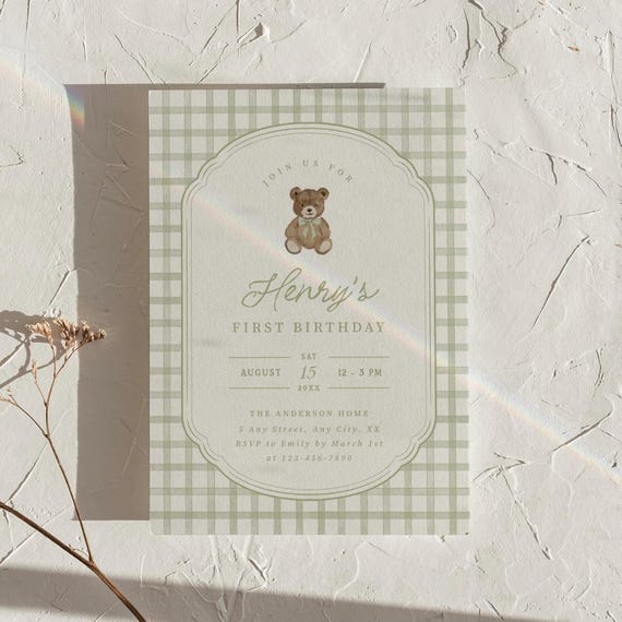 Green Bear Invitation Beary First Birthday Invite 1st Birthday Party Vintage Gingham Printable Template Digital Download, 0135