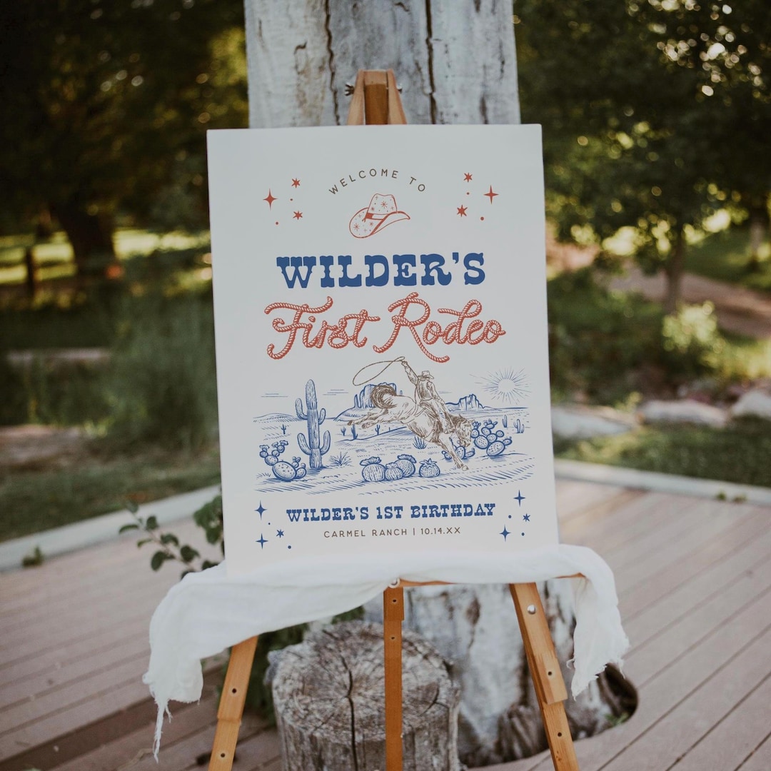 First Rodeo Signage First Rodeo Welcome Sign Blue Cowboy Birthday Sign Wild West Retro ...