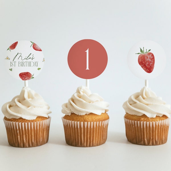 Berry First Birthday Cupcake Toppers DIY Berry Cupcake Decorations Strawberry Birthday Party Cupcake Toppers Red Berry Cupcake Toppers, 0013