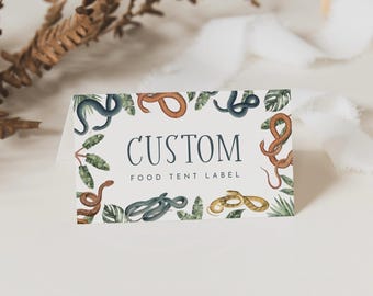 Plantilla de tarjeta de mesa para comida de serpiente, etiqueta de comida para fiesta de reptiles, etiqueta moderna de cumpleaños de serpiente, plantilla de tarjeta de lugar imprimible y editable del zoológico, descarga, 0057