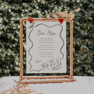 Bar Menü Vorlage Bearbeitbare Hand Gezeichnet Cocktail Party Menü Zeichen Schrullig Hochzeit Tischdekoration Skurril Bogen Cocktail Party Printable, 0073
