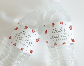 Berry verjaardag waterflesetiket, Berry First Party Decorations, afdrukbare fles labelsjabloon, Berry verjaardag direct downloaden, 0013