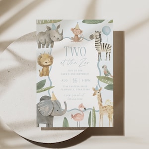 Two at the Zoo Birthday Invitation Party Animals Editable Invitation Safari Animals Birthday Invite Boy Zoo Party Printable Template, 0035