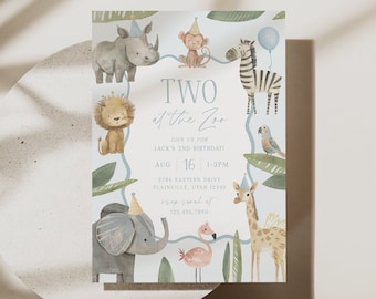 Invitation d'anniversaire deux au zoo, animaux de la fête, Invitation modifiable, animaux de safari, invitation d'anniversaire, garçon, modèle imprimable pour fête du zoo, 0035