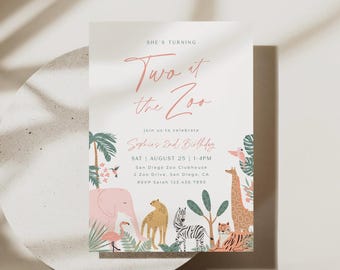 Invitation d'anniversaire deux au zoo, animaux de la fête, invitation modifiable, animaux de safari, invitation d'anniversaire, modèle imprimable fille fête du zoo, 0035