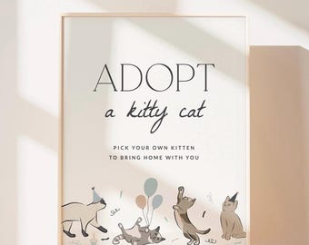 Letrero de Adopción de Gato Letrero de Adopción de Gatito Fiesta de Gatitos Fiesta de Cumpleaños de Gatos Moderna Letrero Imprimible Plantilla Editable Descarga Instantánea, 0069