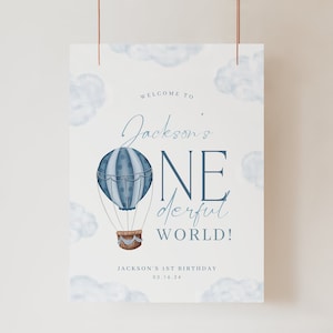 Cartello di benvenuto blu ONEderful World, cartello di benvenuto per il primo compleanno, festa del primo compleanno del bambino, mongolfiera per il primo compleanno, festa fai da te, 0002