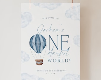 ONEderful World blauw welkomstbord, 1e verjaardag welkomstbord, baby eerste verjaardagsfeestje, 1e verjaardag heteluchtballon, DIY-feestje, 0002