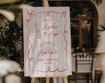 Bereit zu knallen Willkommensschild-Vorlage Soda Pop-Babyparty bearbeitbares Willkommensplakat druckbares rosa und rotes handgezeichnetes Colaflaschenschild, 0115