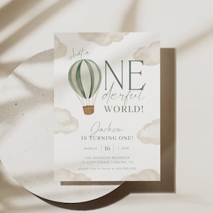 ONEderful World Birthday Invitation ONEderful First Birthday Invite Hot Air Balloon 1st Birthday Boy Party Printable Template, 0049