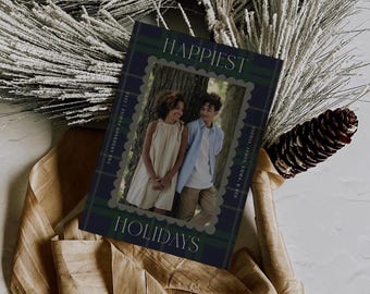 Plaid Christmas Photo Card Blue and Green Tartan Holiday Picture Card Editable Template Preppy Printable Download, 0072