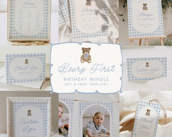 Paquete Beary para el primer cumpleaños, decoración para fiesta de osito de peluche, plantilla imprimible de cuadros azules para descargar, 0135