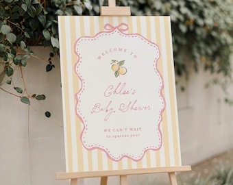 Lemon Welcome Sign Personalized Pink Citrus Baby Shower Entrance Poster Board Editable Download, 0136