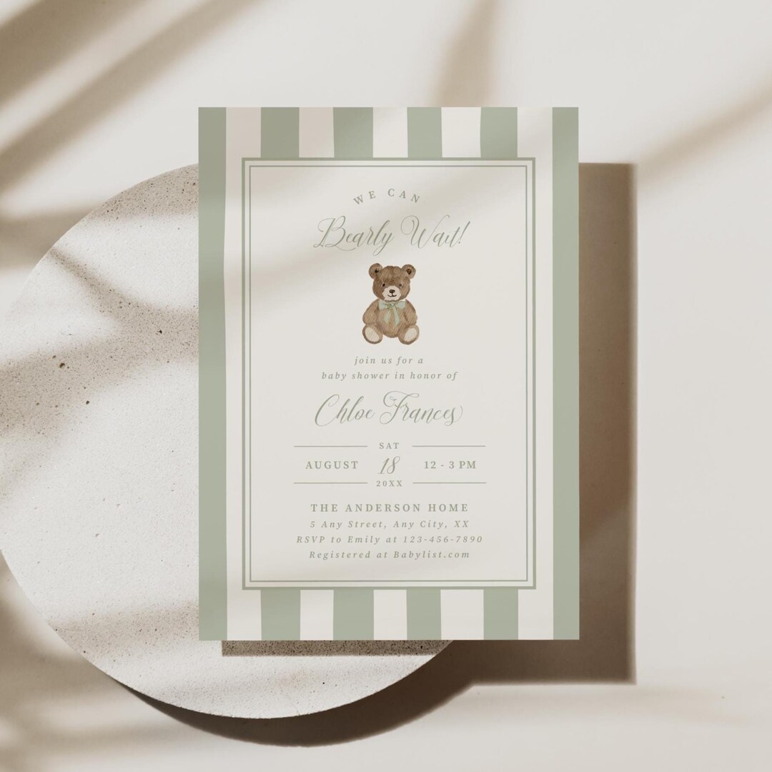 Bear Baby Shower Invitation Green We Can Bearly Wait Invite Sage ...
