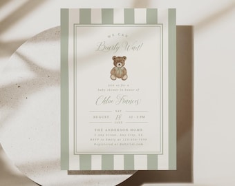 Bear Baby Shower Invitation Green We Can Bearly Wait Invite Sage Vintage Teddy Bear Editable Template Printable Digital Download, 0134