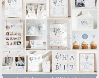 Mr Onederful First Birthday Party Bundle Blue Hot Air Balloon 1st Birthday Party Package DIY Printable Party Template Invitation, 0089