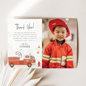 Verjaardagsbedankkaart brandweerwagen Bedankkaart met foto Bedankkaart brandweerman Brandweerman Feestdecoratie Afdrukbare kaartsjabloon, 0012