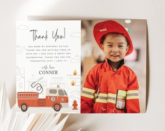 Firetruck Birthday Thank You Card Photo Thank You Card Firefighter Thank You Card Fireman Party Decoration Printable Card Template, 0012