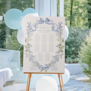 Blauwe bloemen zitplaatsen bord kaart douche blauwe strik baby shower teken sjabloon bewerkbare vrijgezellenfeest tafel bord afdrukbare download, 0084