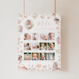 Letrero fotográfico del primer año de hadas, letrero fotográfico de hito, póster de hadas, plantilla de pancarta editable para fiesta en el jardín con flores silvestres, imprimible, 0039