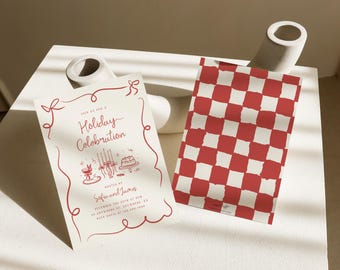 Holiday Party Invitation Hand Drawn Christmas Party Invite Template Printable Holiday Cocktail Party Invite Editable Coquette Bow Card, 0071