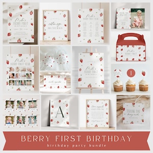Berry First Birthday Party Bundle Strawberry 1st Birthday Party Package DIY Printable Party Supplies Template Berry First Invitation, 0013