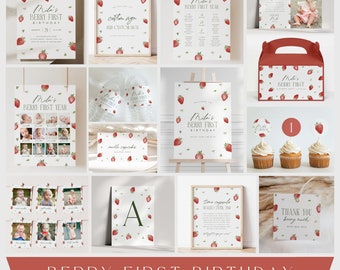 Berry First Birthday Party Bundle Strawberry 1st Birthday Party Package DIY Printable Party Supplies Template Berry First Invitation, 0013