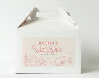 May include: White favor box with a pink label that says "Sophia's Wild West" and "Sophia's 5th Birthday". The label has a cartoon drawing of a desert landscape with cacti and mountains.