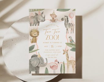 Invitation de fête d'anniversaire deux animaux de safari, invitation de fête animaux du zoo fille modèle modifiable d'invitation, 0035
