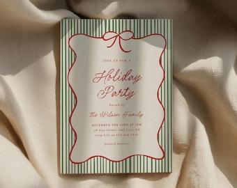 May include: A rectangular holiday party invitation card featuring a cream-coloured centre with a red scalloped border and a red bow at the top. The background has vertical green stripes. The text reads: Join us for a Holiday Party, hosted by the Wilson Family, December the 22nd at 7pm, 50 Any Street, Any City, XX, rsvp Lily at 123-456-7890, potluck desserts.