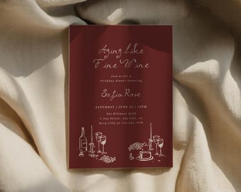 Aging like Fine Wine Invite Aged to Perfection Birthday Party Invitation Hand Drawn Wine Invite Template Editable Digital Download, 0075