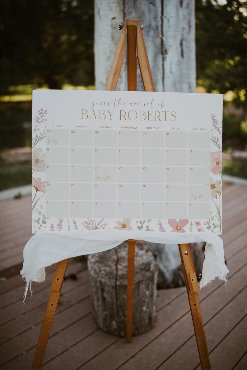 Babykalendersjabloon met uitgerekende datum, roze bloemenprint, bewerkbaar, voorspelling van de geboortedatum, printbaar, downloaden, 0085 afbeelding 2