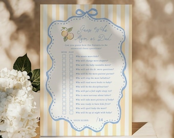 Juego de adivinanzas ¿Mamá o papá? Juegos para baby shower con temática de limones Plantilla personalizada en azul y amarillo ¡No puedo esperar a abrazarte! Descarga, 0136