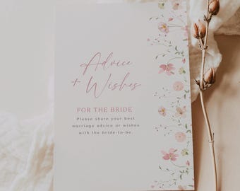 Floral Advice and Wishes Card Template Bridal Shower Activity Editable Pink Floral Game Printable Download, 0022