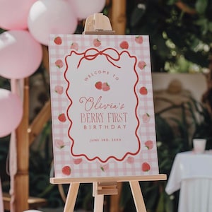 May include: A pink and white sign on a wooden easel. The sign has a pink gingham background with a red border and strawberry illustrations. Text reads "Welcome to Olivia's Berry First Birthday" with the date below.