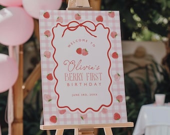 Modèle de plaque de bienvenue pour le premier anniversaire des baies, affiche imprimable de baies, panneau de fête aux fraises avec noeud lunatique, 0140